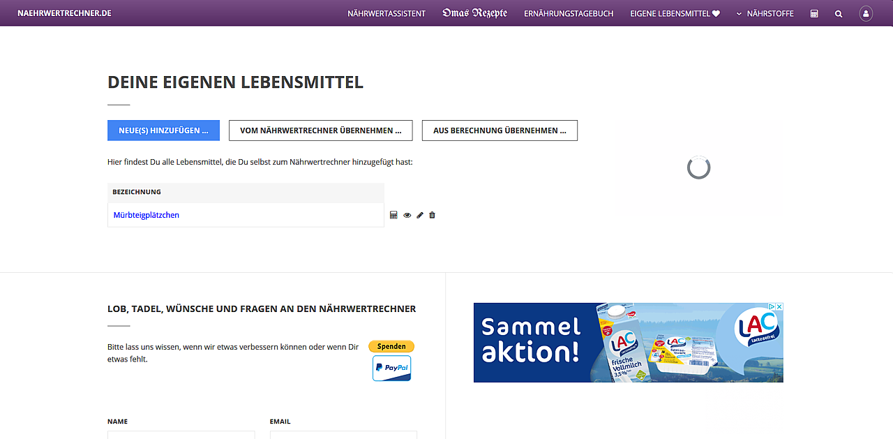 Übersichtsseite mit eigenen Rezepten und Lebensmitteln